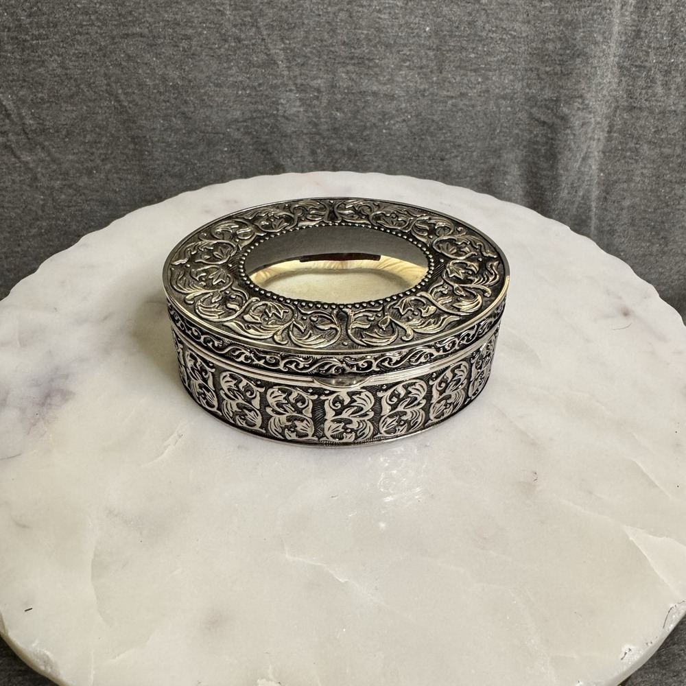 Ornate Vintage Silver Plated Trinket Box Blue Velvet Lined Jewelry Casket